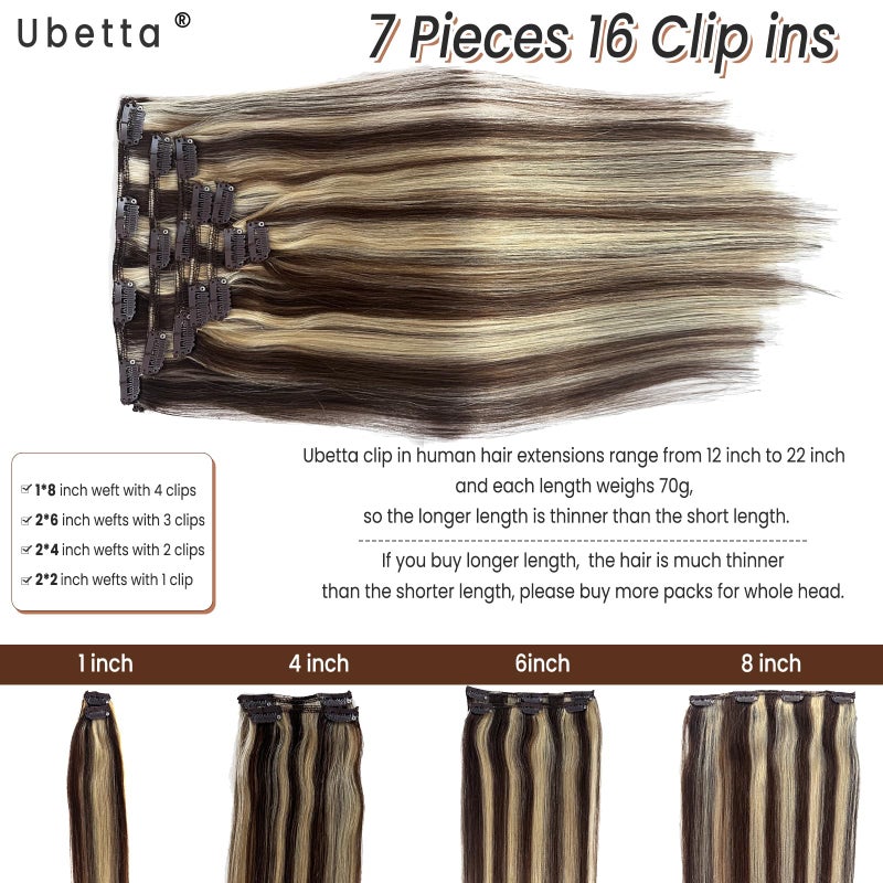 Ubetta Clip in Hair Extensions Real Human Hair, Chocolate Brown and Blonde Highlights Real Hair Extensions Clip in Human Hair 22 Inch 7 Pieces Double Weft Remy Human Hair Clip ins Extensions 70G for Women - Image 3